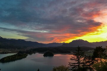 Panoramic sunset view on Lake Faak from Taborhoehe in Carinthia, Austria, Europe. Surrounded by...