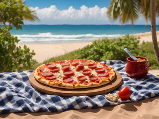 A delicious pepperoni pizza on a checkered picnic blanket at a sandy beach with a beautiful ocean view and lush tropical foliage design.