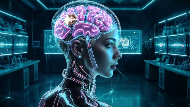 A young woman with a chip implanted in her brain stands in front of working computers. Improving brain function by connecting the brain to a computer through an embedded implant.