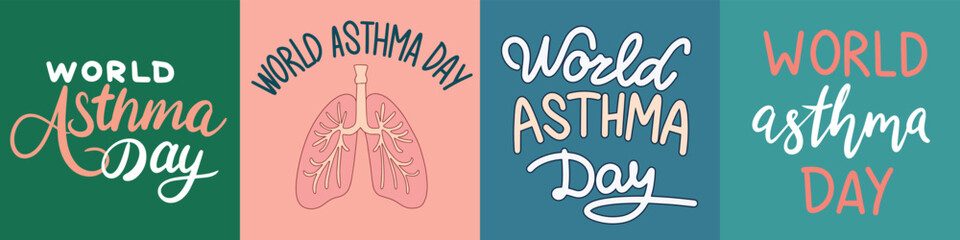 World Asthma Day collection of text banner. Hand drawn vector art.