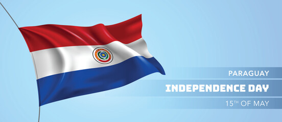 Paraguay happy independence day greeting card, banner vector illustration. Paraguayan national holiday 15th of May design element with 3D flag