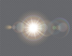 Sun light glaring blast realistic vector illustration. Sunlight shining effect. Bright spark with halo 3d element on transparent background