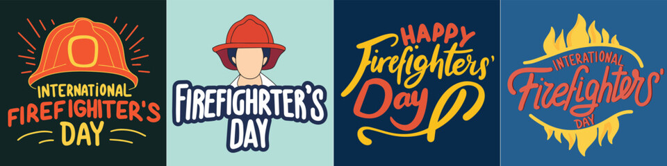 International Firefighter's Day collection of text banner. Hand drawn vector art.