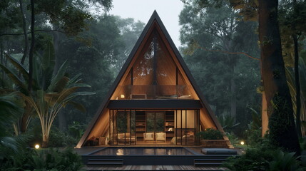 Fototapeta na wymiar Minimalistic A frame cabin home, contemporary luxurious home, with a small pool, Bali style green lush forest