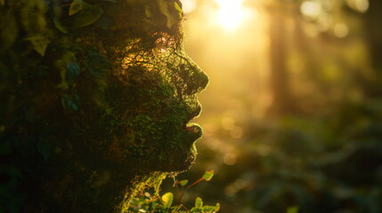 close-up view of a moss-covered forest sculpture bathed in the golden light of a setting sun