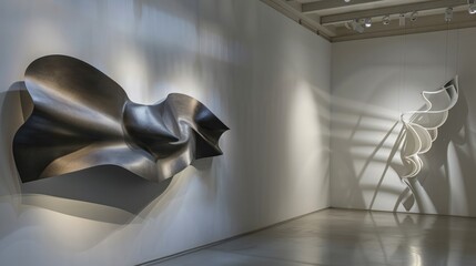 An abstract sculpture mounted on a gallery wall, playing with light and shadow.