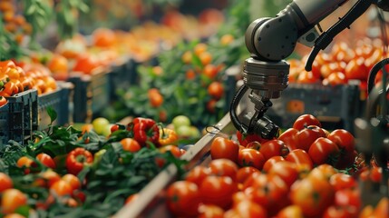 A robotic arm sorting and grading produce, showcasing the technology's ability to improve efficiency and reduce waste, - obrazy, fototapety, plakaty