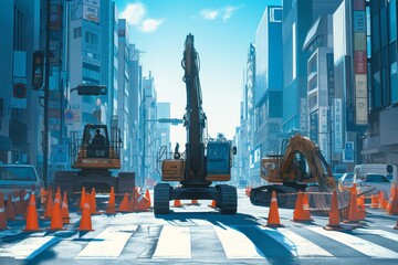 construction workers and machinery working on the street, orange traffic cones around the machine, road work in the city center