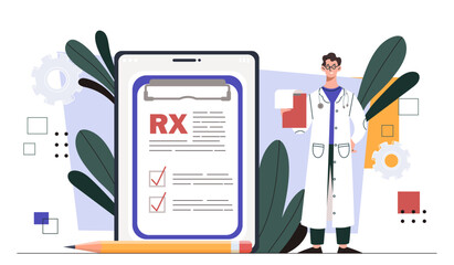 Doctor with rx prescription. Man in medical uniform with notepad. Health care and medicine, treatment. Guy give medicines and pills. Cartoon flat vector illustration isolated on white background
