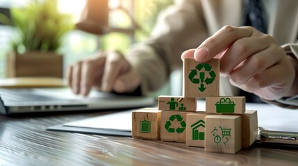 Professional hand placing wooden blocks with green recycling symbols. Office setting promoting sustainability. Eco-friendly business practices in a modern workplace. AI - obrazy, fototapety, plakaty