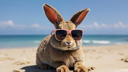 bunny wearing sunglasses on vacation on the beach,  brown rabbit and summer sea daytime background with white sand.