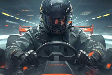 photorealistic photo of go-kart race car with pilot in helmet - obrazy, fototapety, plakaty