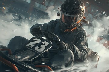 Fototapeta premium Photorealistic photo of a go-kart race car with a pilot driving in a dark 