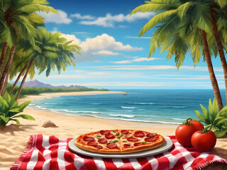 A delicious pepperoni pizza on a checkered picnic blanket at a sandy beach with a beautiful ocean view and lush tropical foliage design.