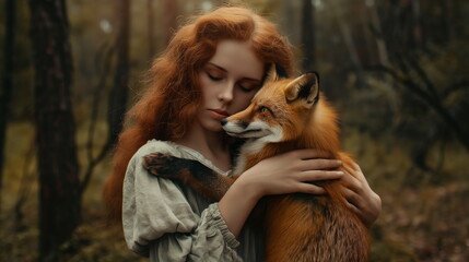 Redhead beauty woman holding a fox in front her chest in dense forest
