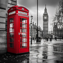 Obraz premium cabine telefonica retrô vermelha canva na cidade preto e branco