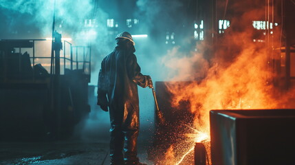 Steel Mill Operation,  portrait worker, Molten Metal Pouring in Industrial Foundry Workshop