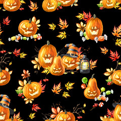 Happy Halloween Pumpkin seamless pattern. Hand drawn watercolor illustration isolated on dark background - 779959867