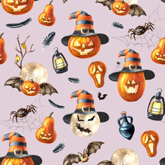 Halloween Pumpkin lantern seamless pattern. Hand drawn watercolor illustration isolated on white background - 779959882