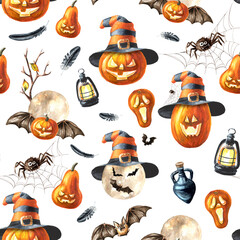 Halloween Pumpkin lantern seamless pattern. Hand drawn watercolor illustration isolated on white background - 779959899