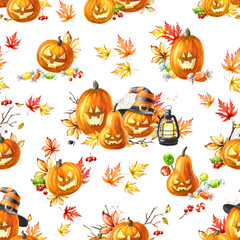 Happy Halloween Pumpkin seamless pattern. Hand drawn watercolor illustration isolated on dark background - 779960002