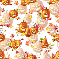 Happy Halloween Pumpkin seamless pattern. Hand drawn watercolor illustration - 779960029