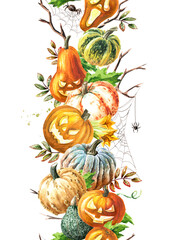 Happy Halloween Pumpkins and strips seamless border. Hand drawn watercolor illustration isolated on white background
