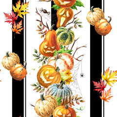 Happy Halloween Pumpkins and strips seamless pattern. Hand drawn watercolor illustration isolated on white background