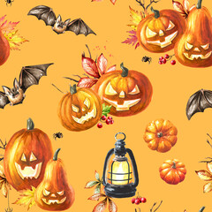 Happy Halloween Pumpkins seamless pattern. Hand drawn watercolor illustration - 779960041