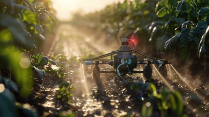 A robotic irrigation system, demonstrating the technology's ability to conserve water and improve crop health, - obrazy, fototapety, plakaty