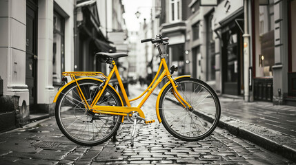bicicleta retrô amarela  canva na cidade preto e branco