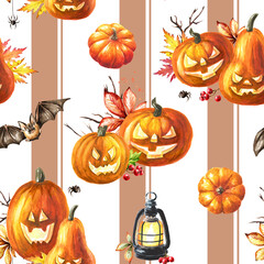 Happy Halloween Pumpkins and strips seamless pattern. Hand drawn watercolor illustration, isolated on white background
