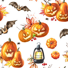 Happy Halloween Pumpkins seamless pattern. Hand drawn watercolor illustration
