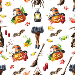 Happy Halloween seamless pattern. Hand drawn watercolor illustration isolated on white background
