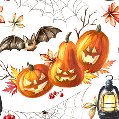 Happy Halloween seamless pattern. Hand drawn watercolor illustration isolated on  white background - 779960083