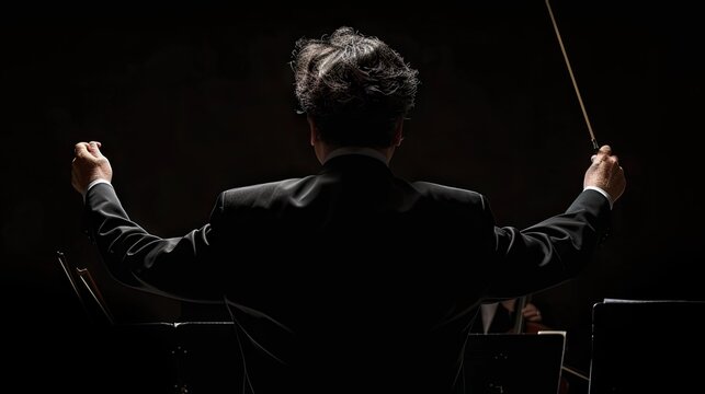 Back view of conductor with baton on black background, leading a symphony of artistic expression.