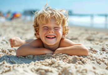 Cheerful and Playful Young Boy Can't Stop Laughing, Making the Most of Sunny Beach Fun During a...
