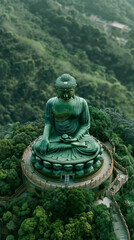 a green buddha statue on the top of a hill
