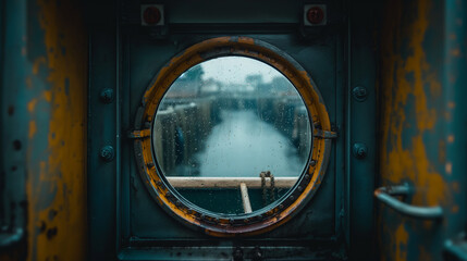 A ships porthole with a view of the raincovered harbor outside