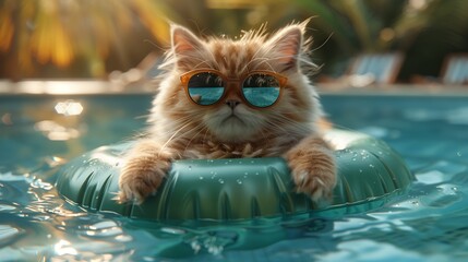 Cool cat wearing sunglasses floating blissfully in a swimming pool on a hot summer's day.