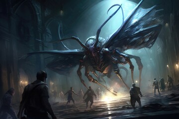 A huge dark mutated chimera moth attacks dungeon explorers - obrazy, fototapety, plakaty
