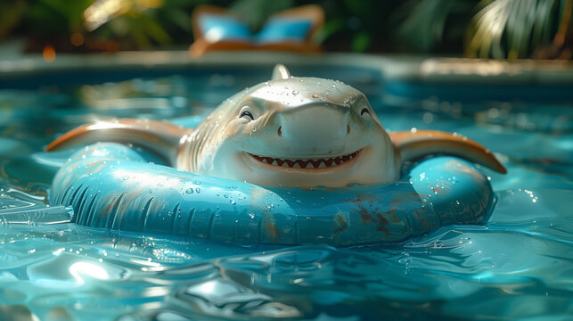 Cute cartoonish shark floating in a pool ring in a swimming pool. Hot summer's day.