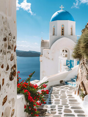 Santorini Elegance, Serene White Building with a Splash of Colorful Charm - obrazy, fototapety, plakaty