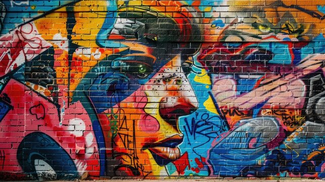 A vibrant graffiti mural adorns the brick wall behind the subject, adding an urban edge to the portrait.