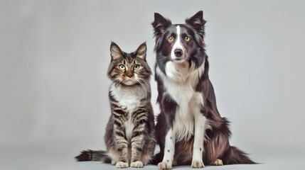 Portrait of a Tabby Cat and a Border Collie Side by Side. Domestic Pets in a Studio, Perfect for Veterinarians and Animal Lovers. Cute and Friendly Feline and Canine Together. AI