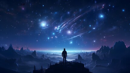 Illustrate a crismis stargazing event where AI characters marvel at digitally generated constellations in a virtual night sky - obrazy, fototapety, plakaty