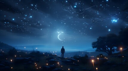 Obraz na płótnie Canvas Illustrate a crismis stargazing event where AI characters marvel at digitally generated constellations in a virtual night sky