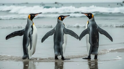 a playful group of penguins frolicking in the sea, their joyful antics and synchronized movements painting a lively picture against the backdrop of the shimmering ocean. 