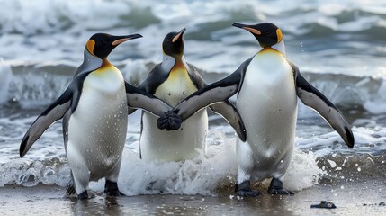 Fototapeta premium a group of penguins gracefully gliding through the icy waters of the sea, their sleek forms contrasting against the vast expanse of blue, conveying the beauty and harmony of nature's marine life.