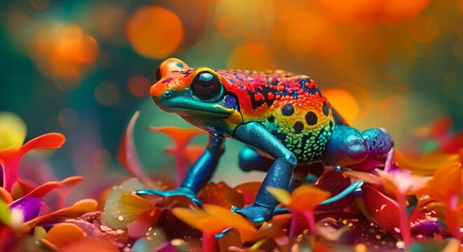 The intense colors of a poison dart frog, jungle floor blurred,